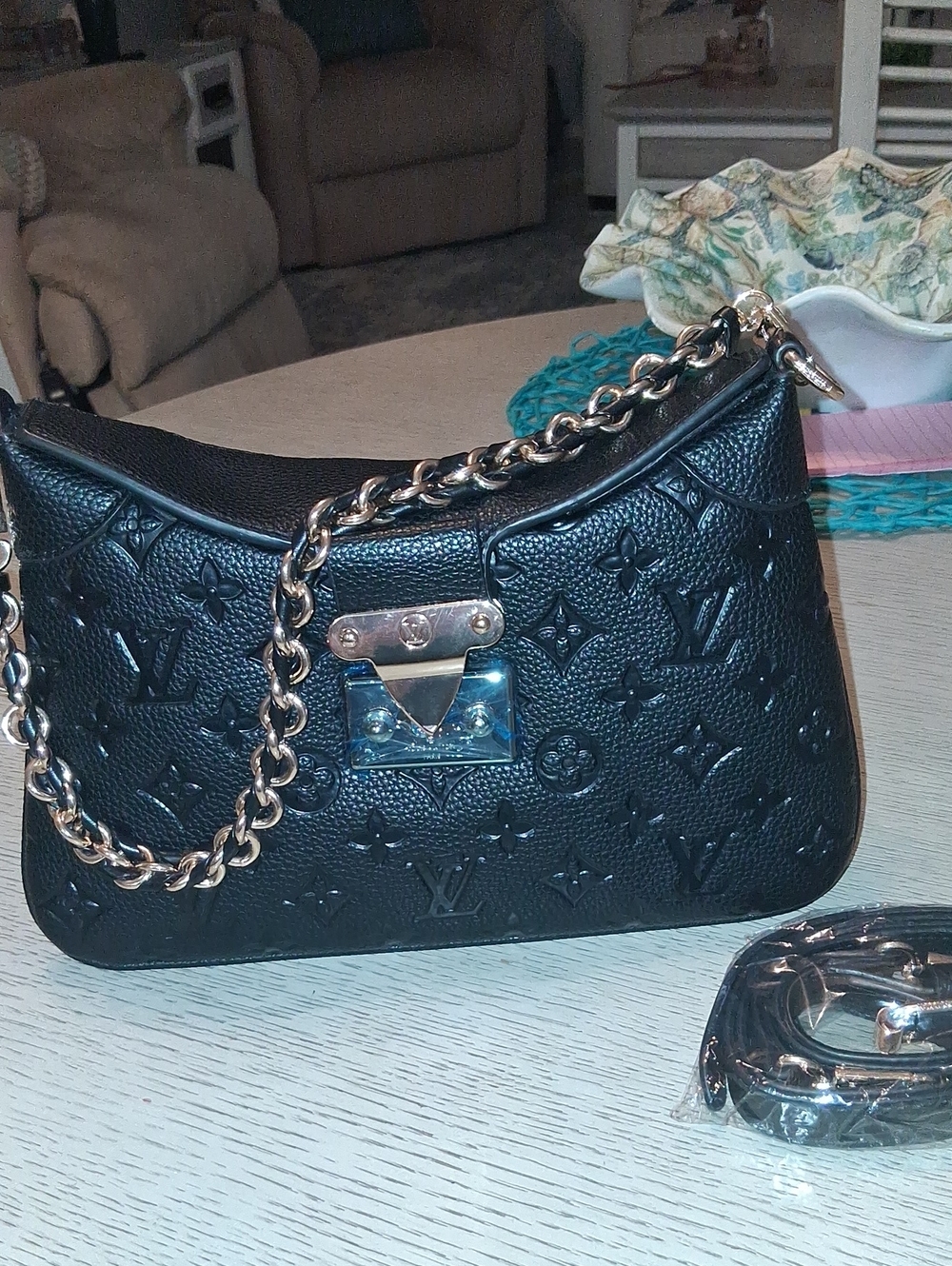 Unknown Source Black Monogram Purse Comes With Long Adjustable Strap Too